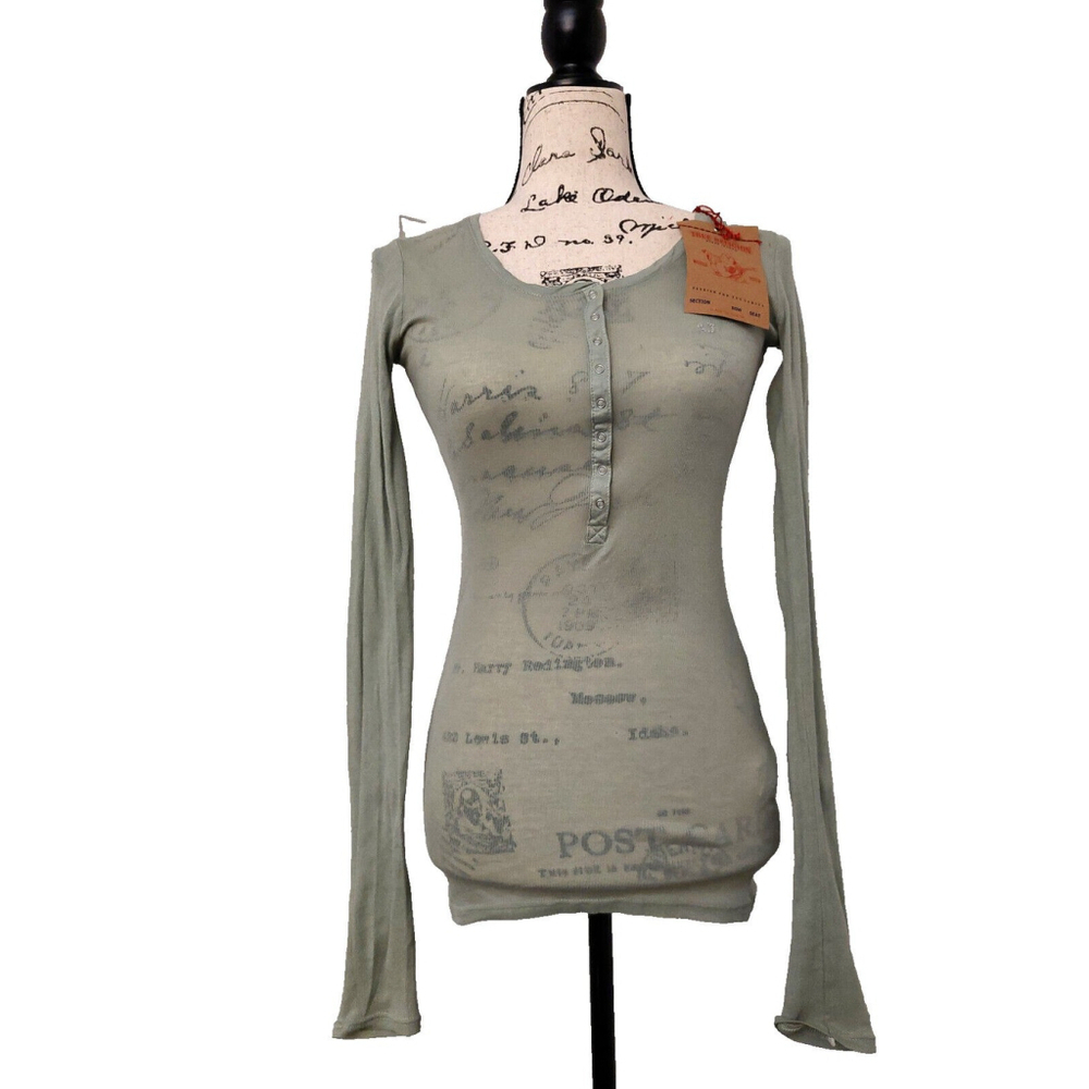 True Religion Long Sleeve Crystal Kristen Green Cotton Henley Shirt XS